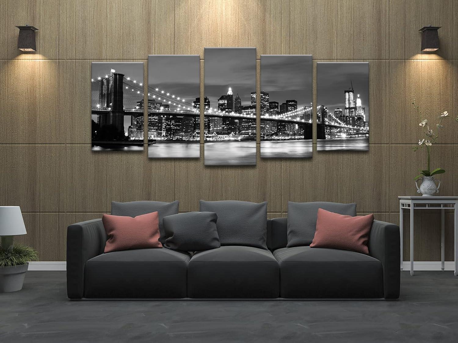 Wieco Art Large Brooklyn Bridge Night View Modern Giclee Canvas Prints Artwork Landscape Pictures to Photo Paintings on Stretched and Framed Canvas Wall Art for Home Decorations