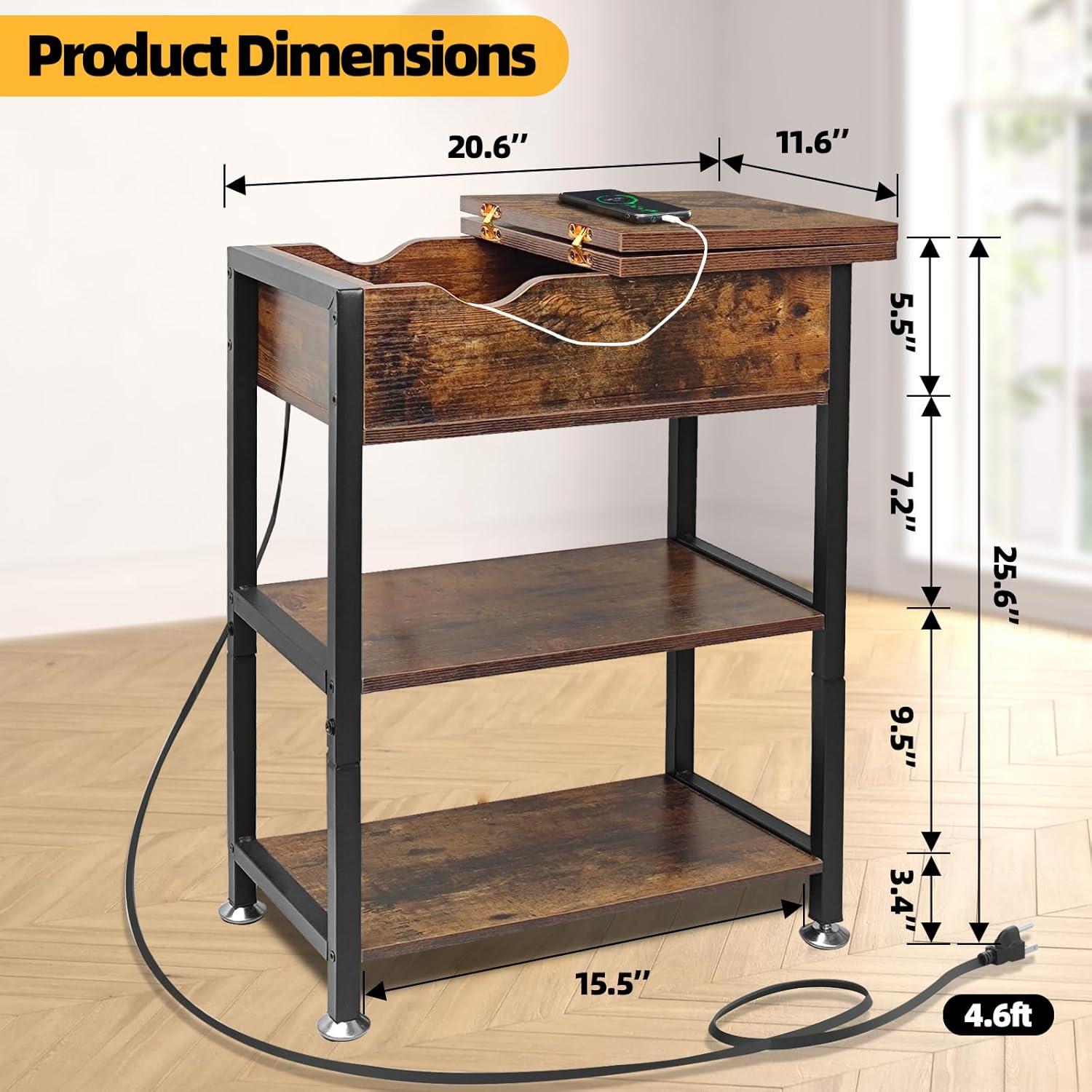 End Table with Charging Station, Flip Top Side Table with Storage Shelf and USB Ports & Power Outlets for Small Spaces, Narrow Nightstand for Living Room