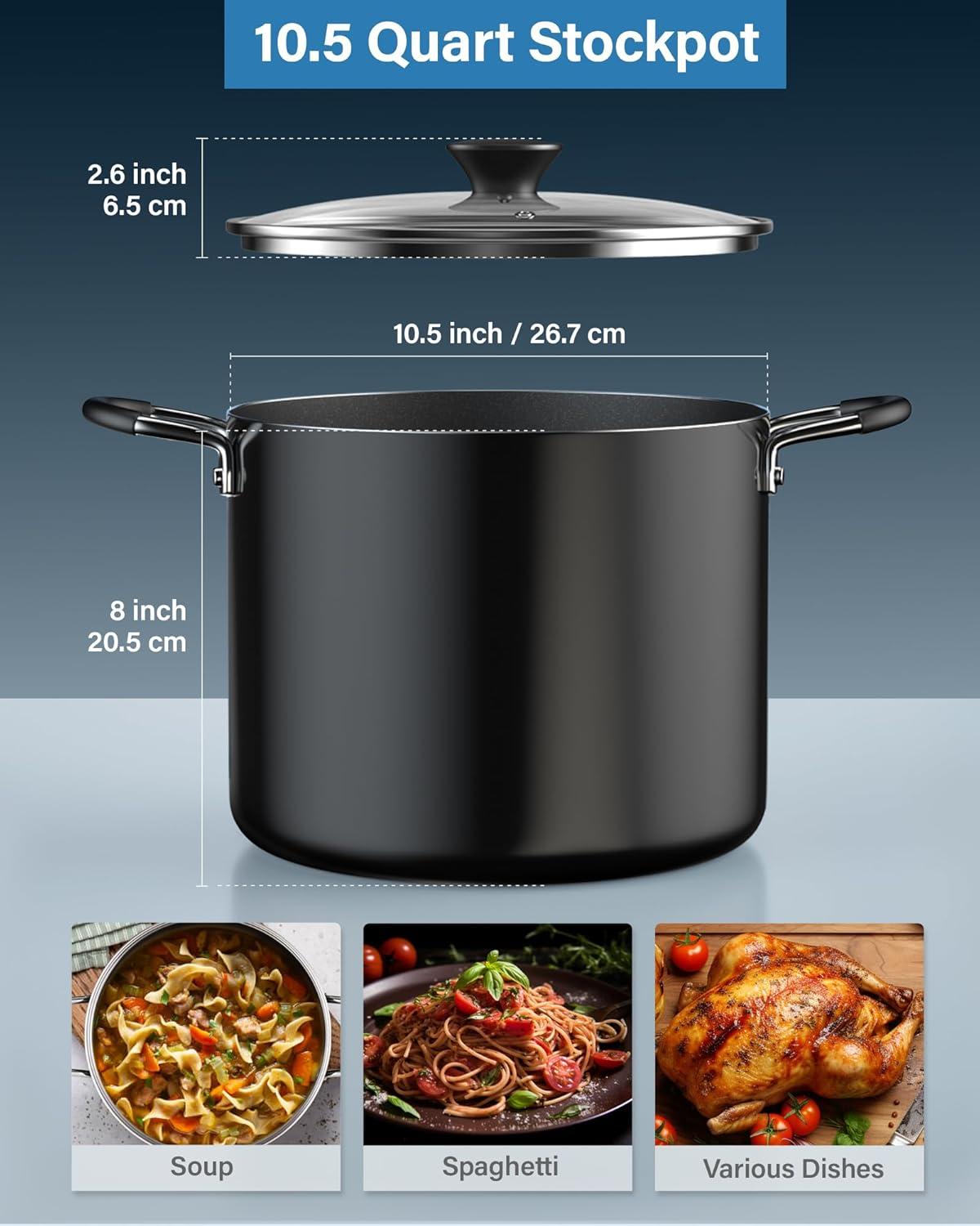 Farberware 10.5qt Aluminum Nonstick Covered Stockpot Black: Dishwasher-Safe, Electric & Gas Compatible Cooking Pot