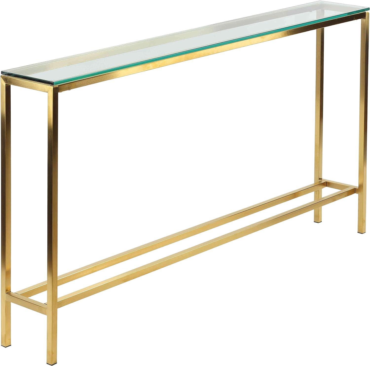 Cortesi Home  Juan Console Table, Brushed Gold Color with Clear 10mm Glass, Skinny 56" x 8"