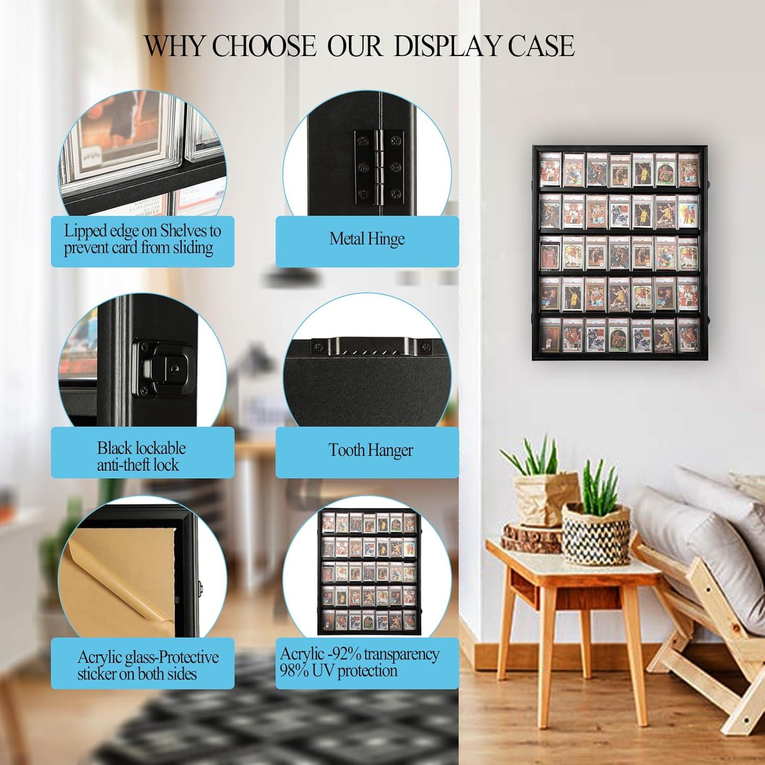 Estuche para Exhibición de Tarjetas Deportivas de 35 Grados: Marco de Exhibición de Tarjetas de Béisbol con Protección UV Gabinete de Pared con Cerradura Transparente para Tarjetas Coleccionables de Baloncesto Negro Vertical