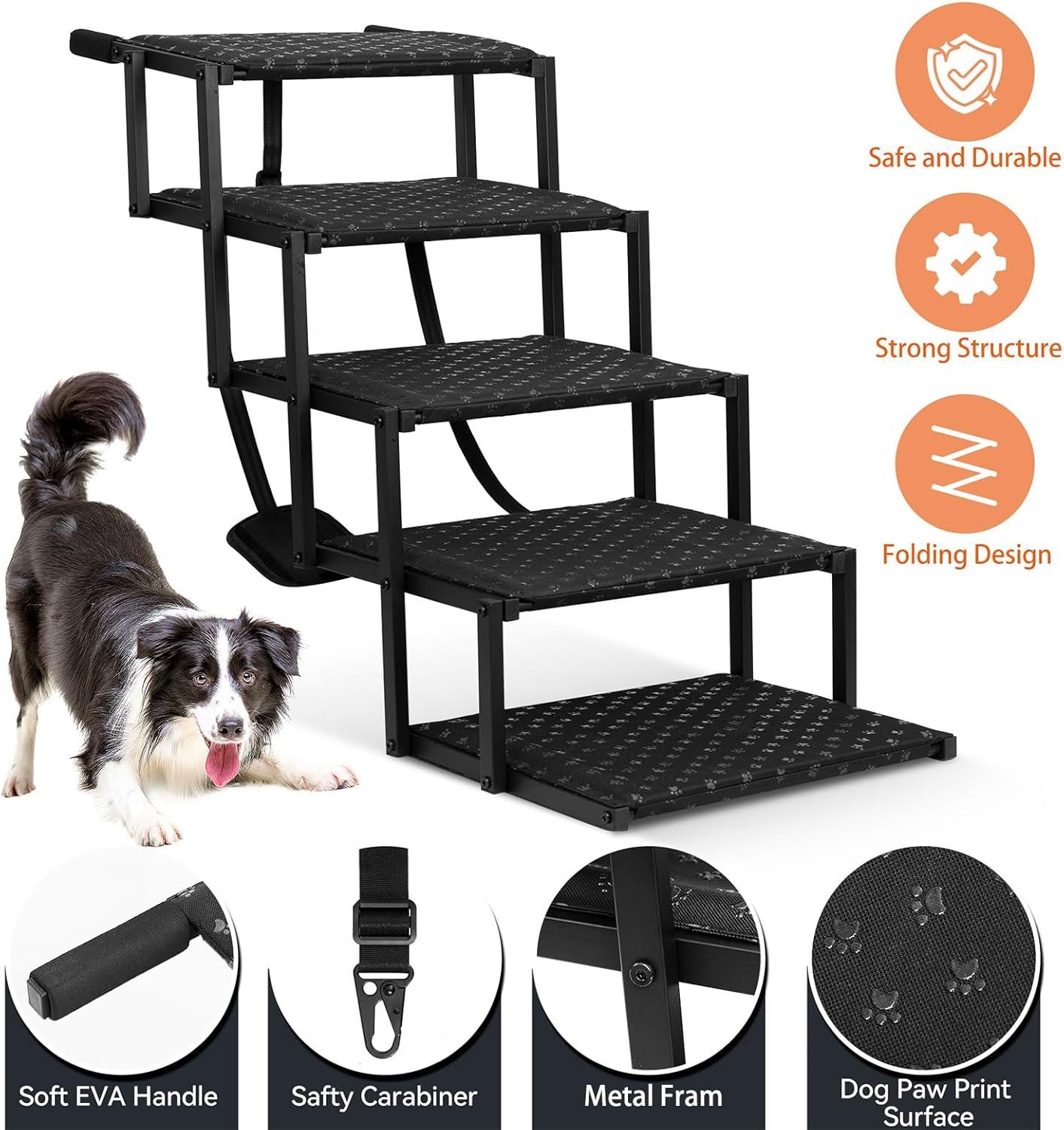 Dog Stairs for Car - Foldable Dog Ramps for Large Dogs with Non Slip Surface, Portable Dog Steps for Cars and SUV, Truck, Support Up to 200 Lbs