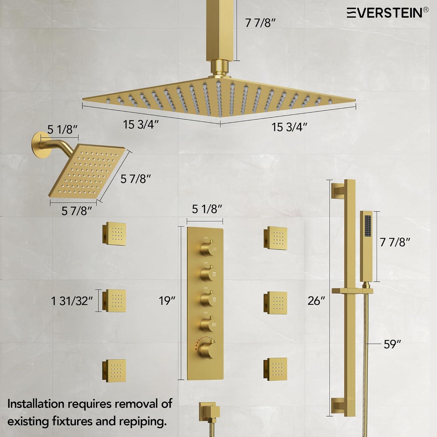DualJetSpa 15-Spray Patterns 16" & 6" Dual Shower Head, Shower FaucetSystem with Thermostatic Rough-in Valve and Body Jets