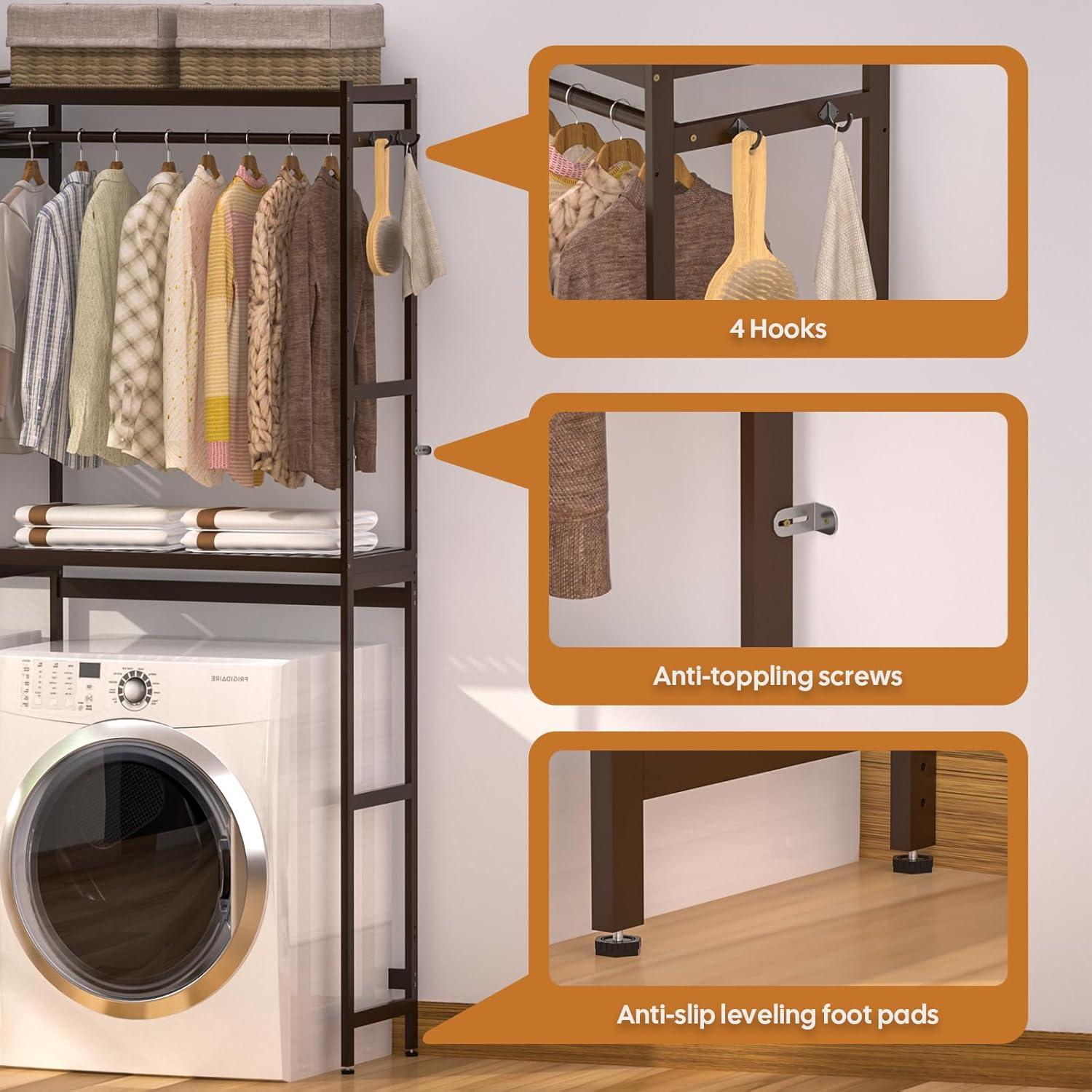 Brown Bamboo Over Washer and Dryer Storage Rack with Adjustable Shelves