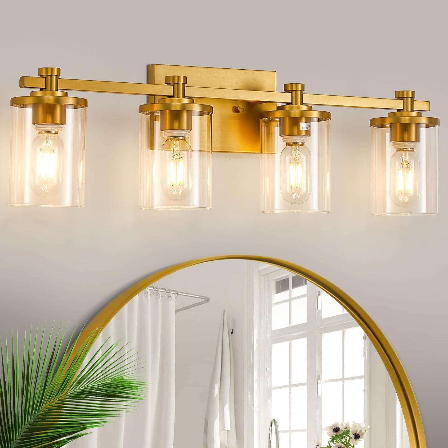 Gold 4-Light Modern Vanity Fixture with Clear Glass Shades