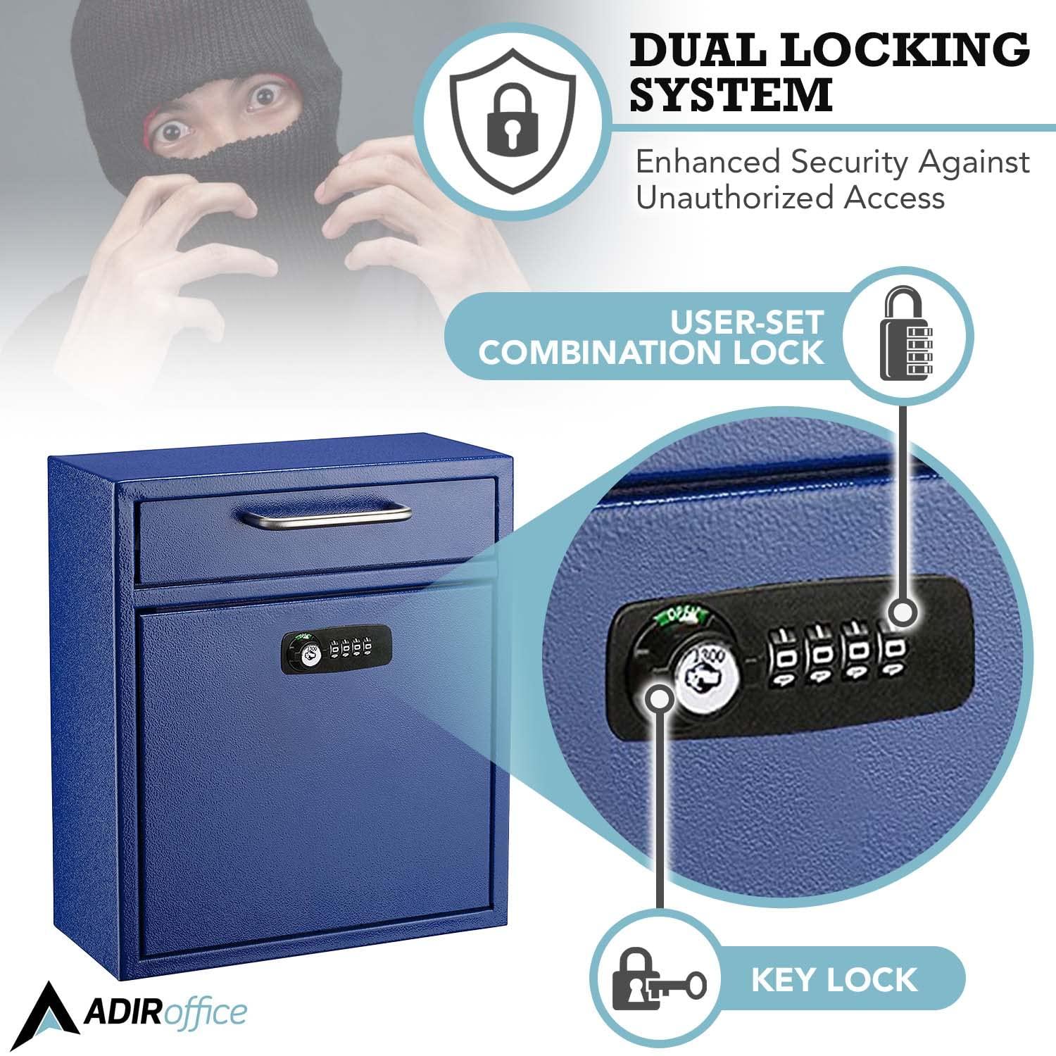 AdirOffice Ultimate Drop Box Wall-Mounted Mailbox - Hanging Secured Postbox - Durable Spacious Key or Combination Lock Box Great for After Hours Deposits Payments Key and Letter Drops (Medium, Blue)