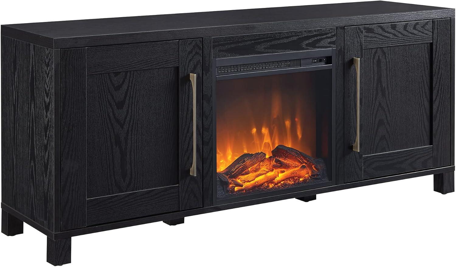 Evelyn&Zoe Chabot Rectangular TV Stand with Log Fireplace for TV's up to 65", Black Grain