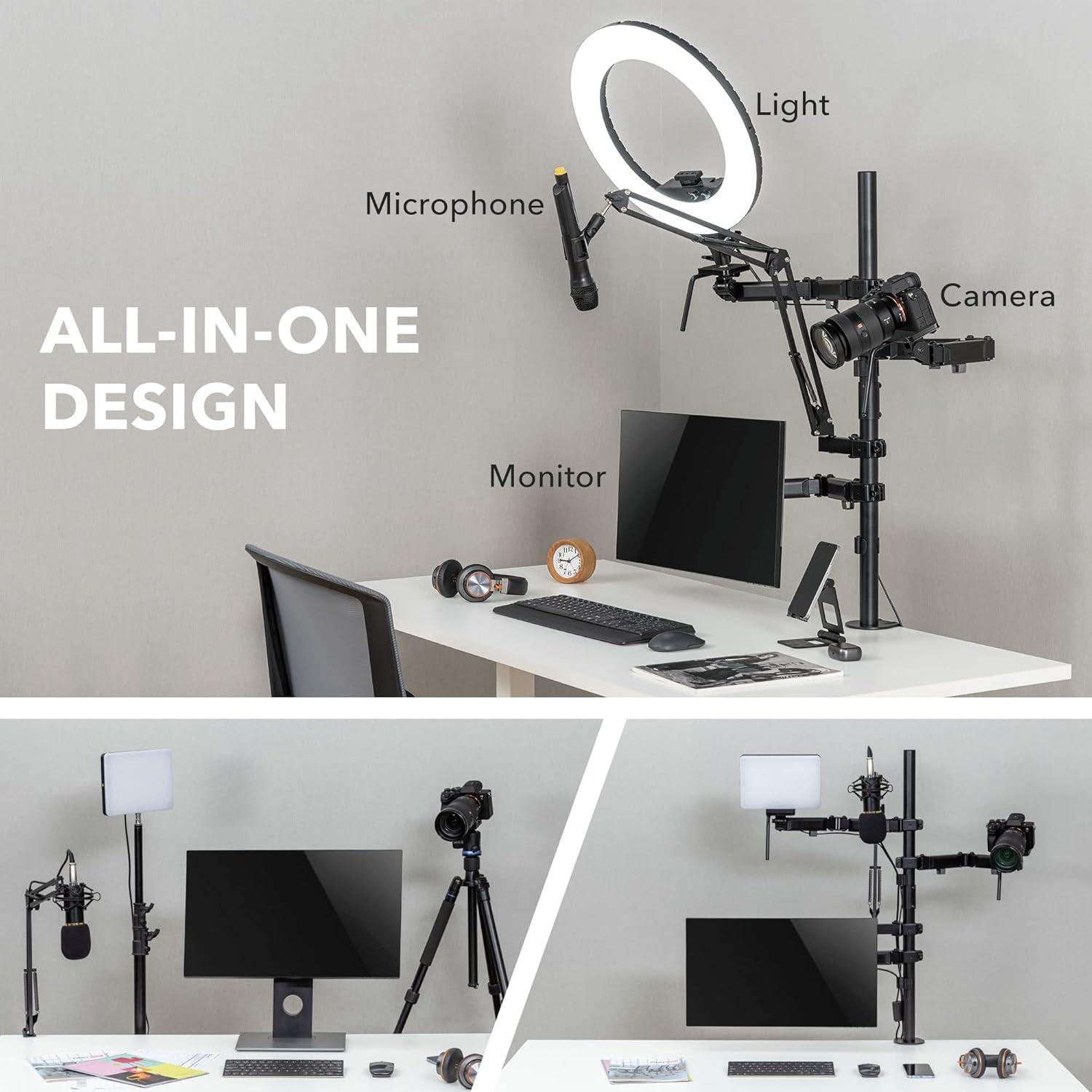 Mount-It! All in One Live Streaming Equipment | 4 Arm Streaming Desk Mount That Holds Monitor, Cameras & Ring Light with Mic | Desktop Live Stand Set