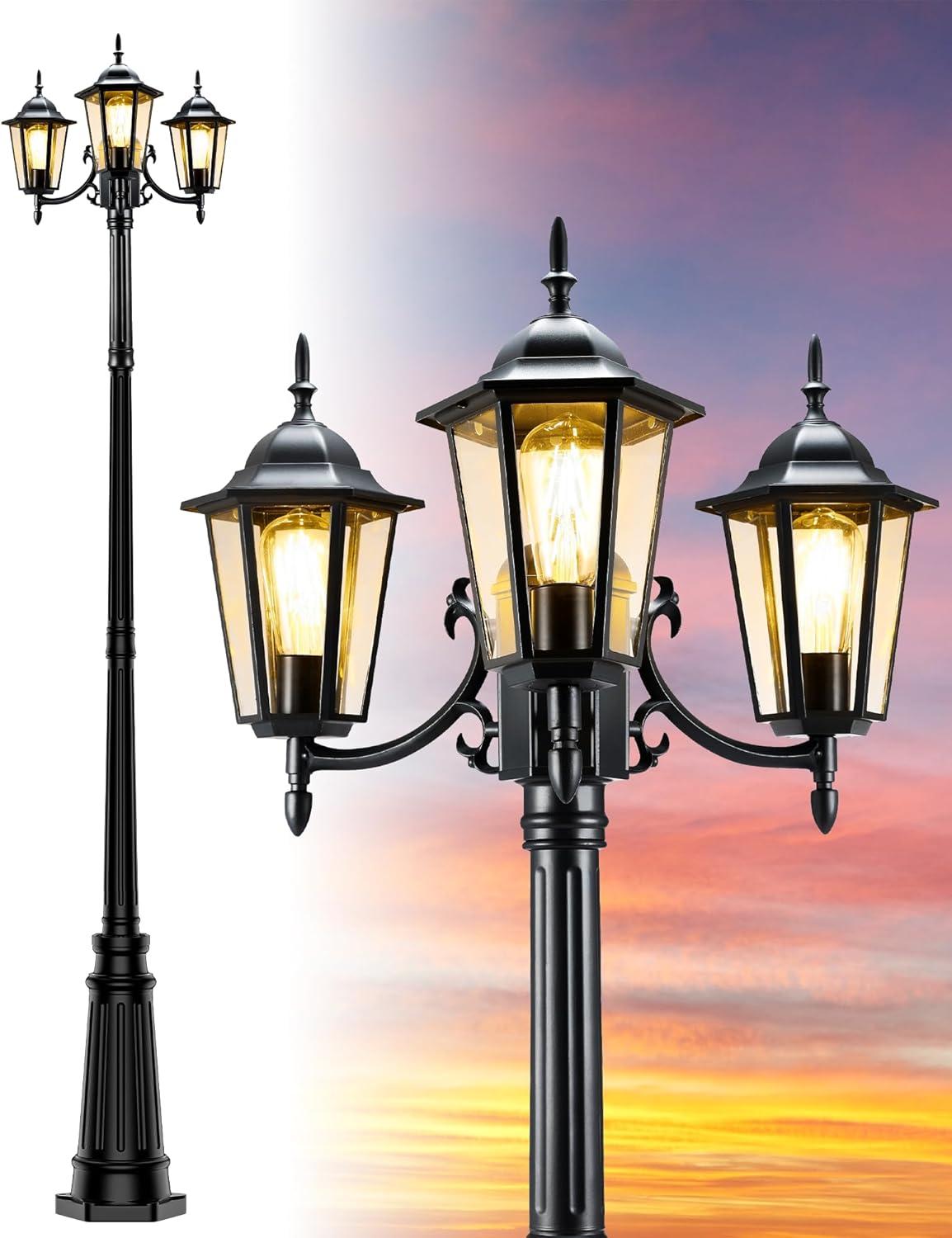 HORTUZZ Lamp Post Outdoor Lighting, 3-Head Black Hard Wired Pole Light for Outside, E26 Base Maximum 100W (Bulb Not Included), Waterproof Street Light Fixture for Yard, Garden, Driveway (Classic)