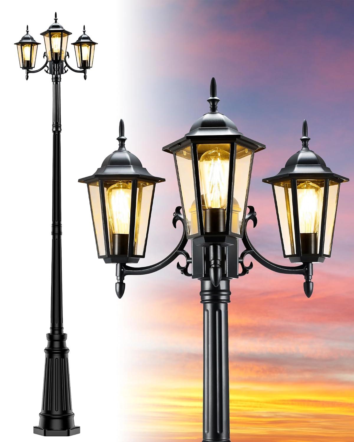 HONGKONG YEEZEN LIGHTING CO., LIMITED Lamp Post Outdoor Lighting, 3-Head Black Hard Wired Pole Light For Outside, E26 Base Maximum 100W (Bulb Not Included), Waterproof Street Light Fixture For Yard, Garden, Driveway (Classic)