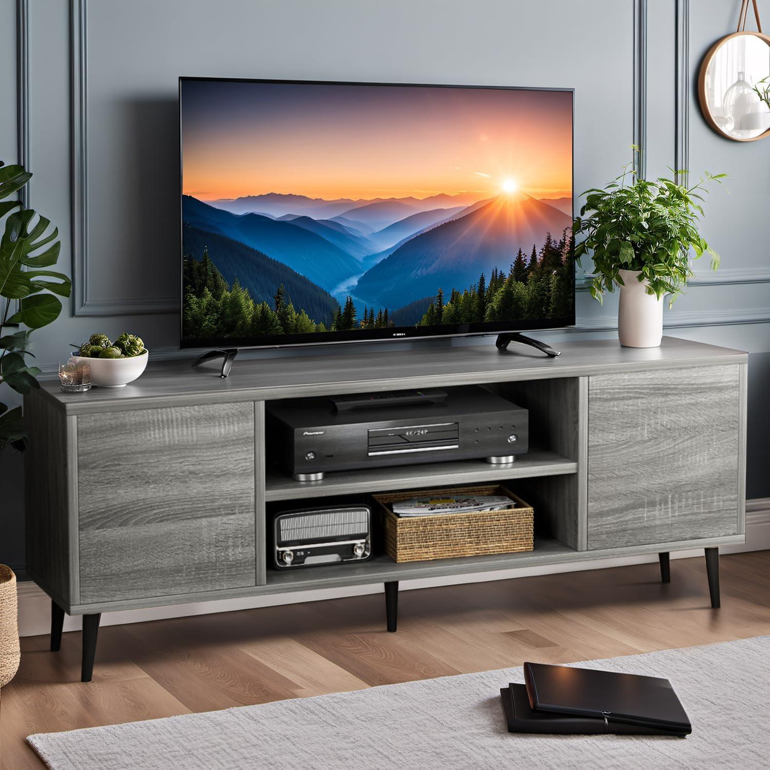 Modern Gray Wood TV Stand with Cabinets and Pop-up Doors