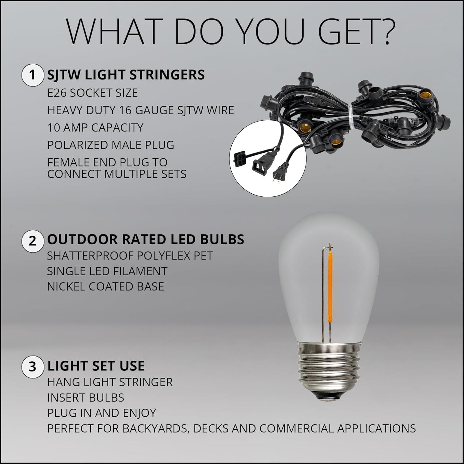 15’ LED Patio Lights, Black E26 SJTW Commercial Watertight Patio Stringer, with 10 Warm White S14 Vintage Edison Filament Bulbs, 18” Spacing