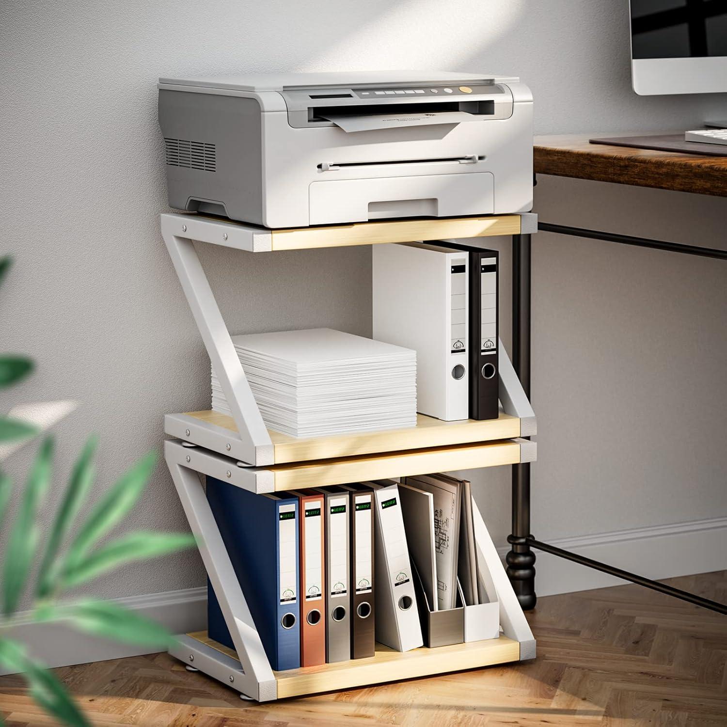 Light Wood and Steel 2-Tier Printer Stand with Storage