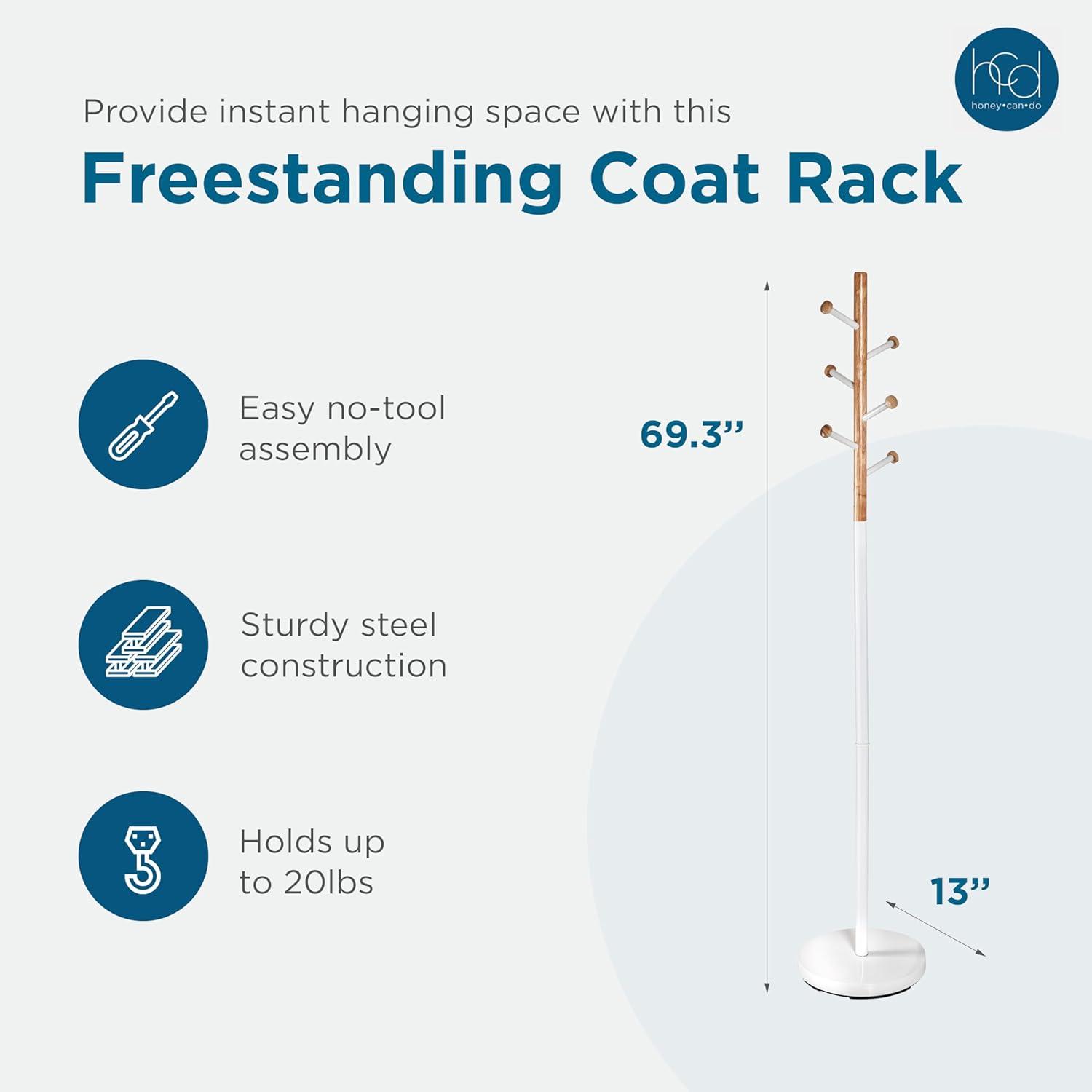 White and Natural Rubberwood Freestanding Coat Rack with 6 Hooks