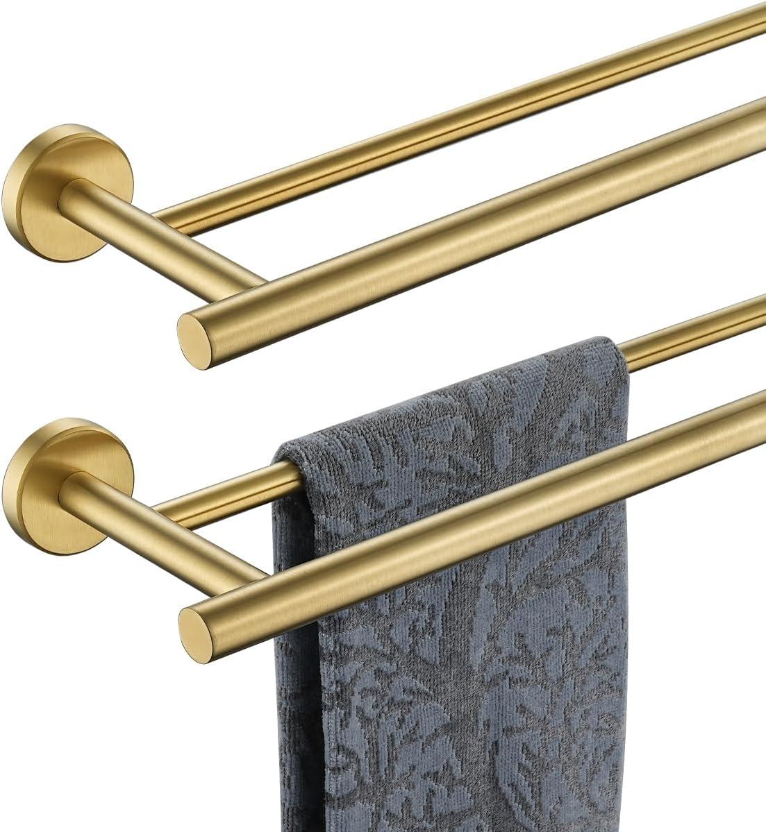 JQK Double Towel Bar 27 Inch, Brass Gold Useable Length 24 Inch 304 Stainless Steel Thicken 0.8mm Bath Towel Rack for Bathroom, Towel Holder Wall Mount, TB100L24-BG