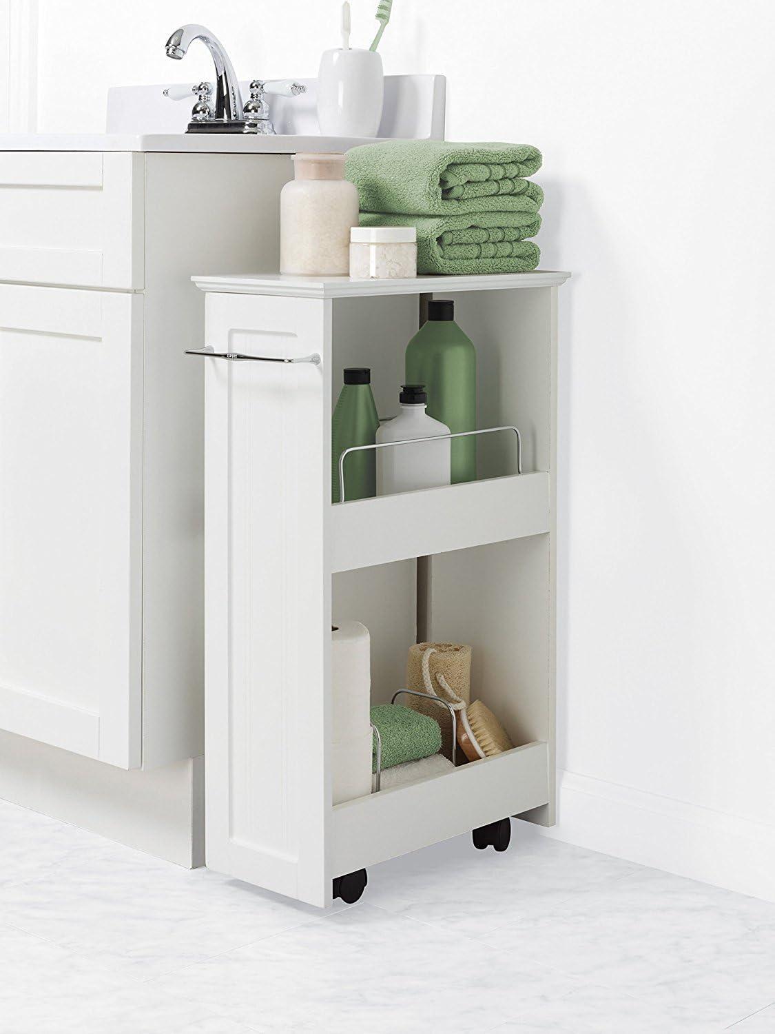 White MDF Freestanding Rolling Bath Shelves with Towel Bar