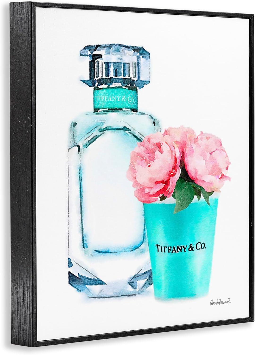 The Stupell Home Decor Collection Teal Blue Perfume Bottle and Pink Peonies Framed Giclee Texturized Art, 11 x 1.5 x 14