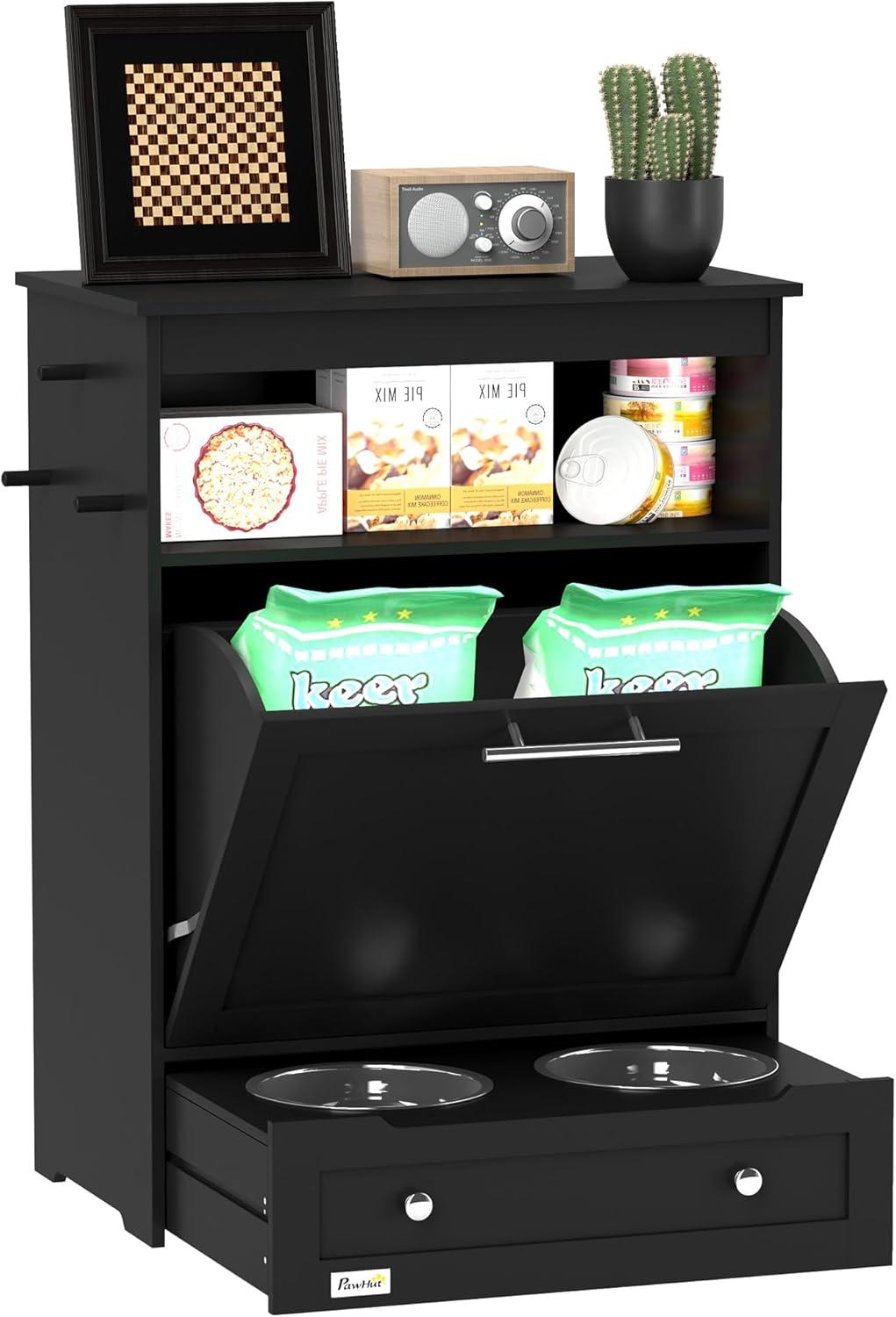 Black Elevated Pet Feeder Station with Storage Cabinet