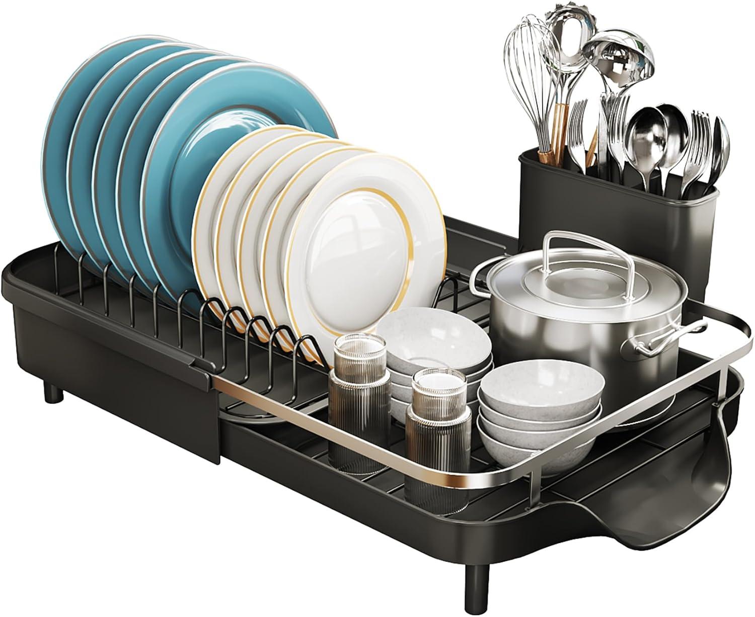 Fabhob Expandable Dish Rack for Kitchen Counter, Stainless Steel Dish Drainer with Drainboard Set and Utensil Holder