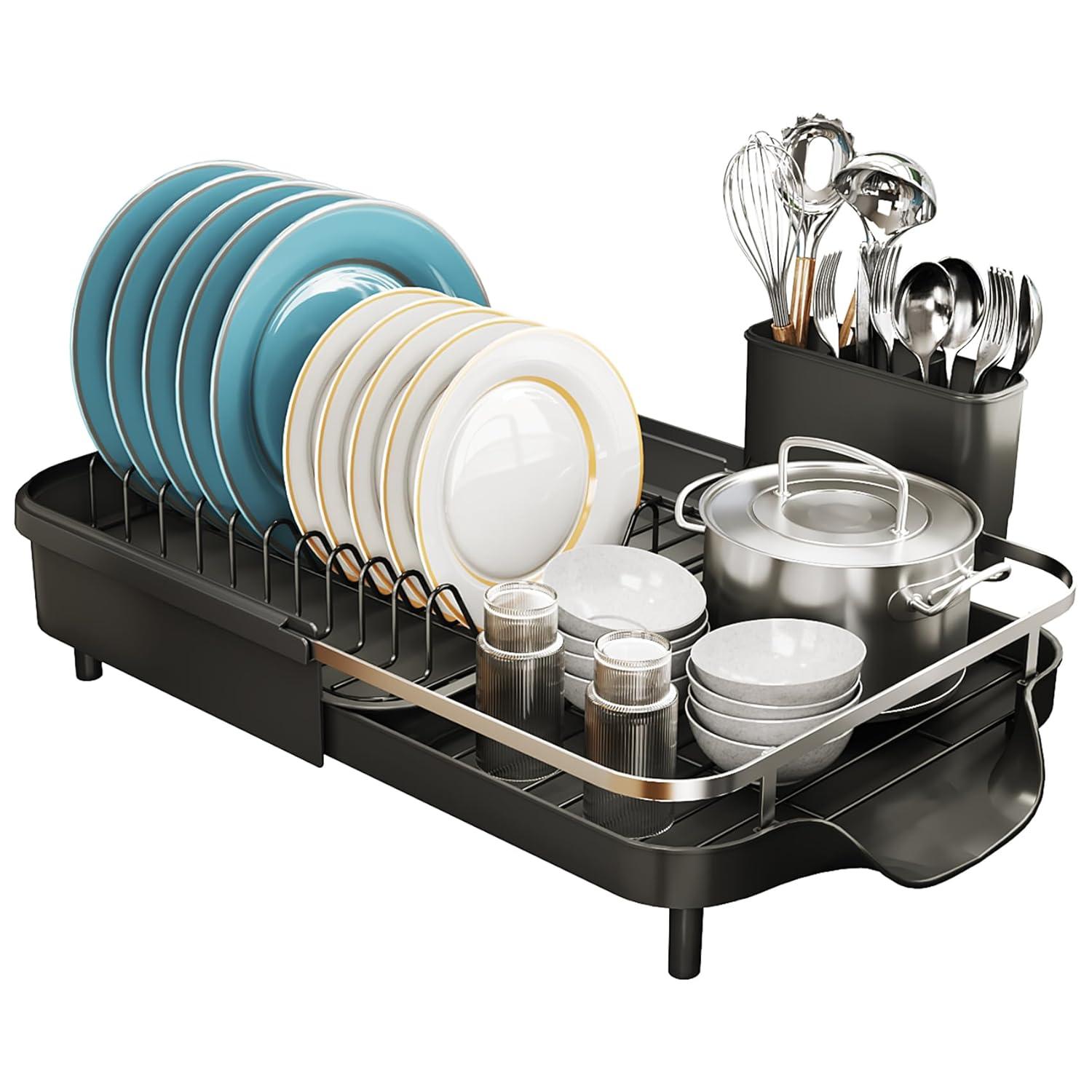 Fabhob Expandable Dish Rack for Kitchen Counter, Stainless Steel Dish Drainer with Drainboard Set and Utensil Holder