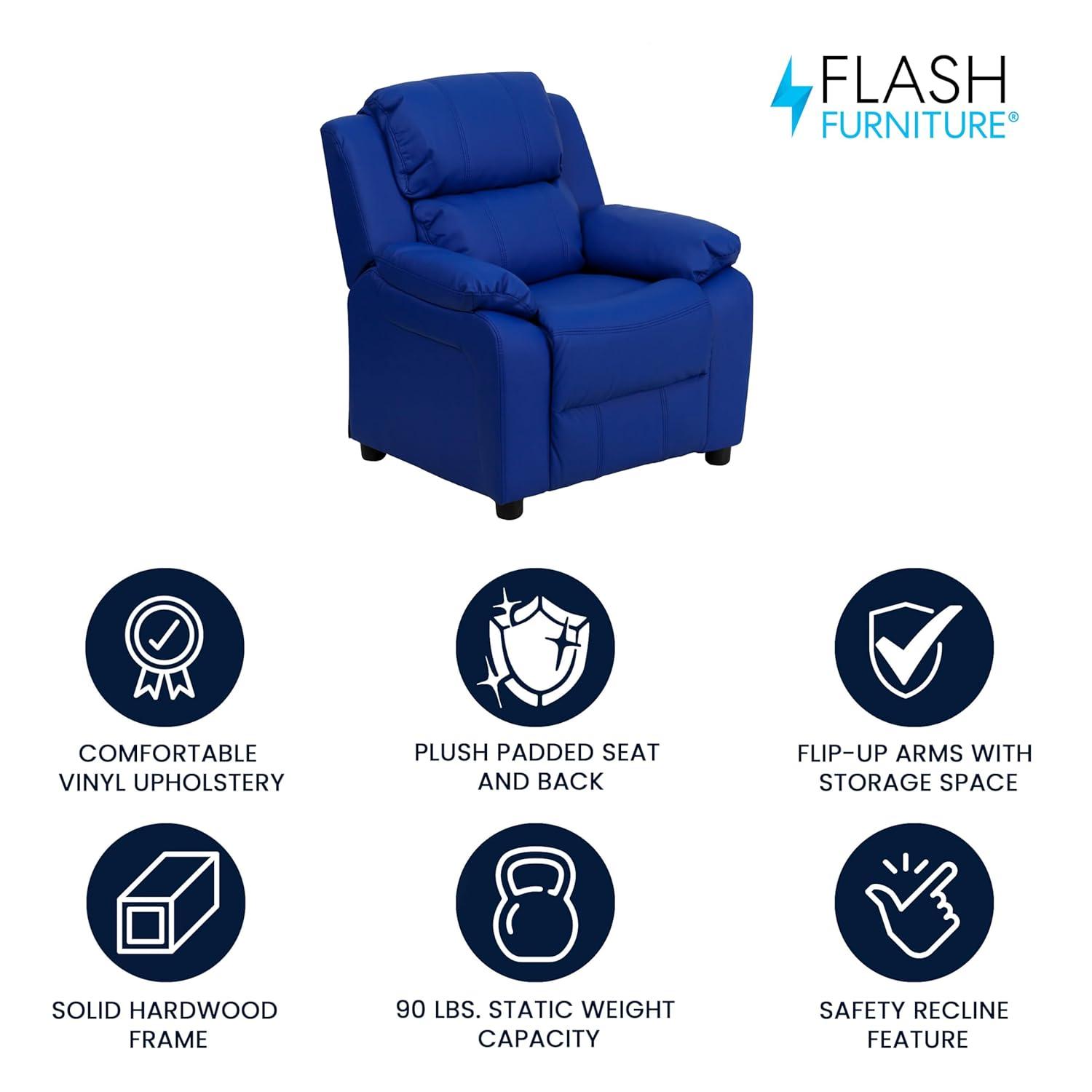 Flash Furniture Charlie Deluxe Padded Contemporary Blue Vinyl Kids Recliner with Storage Arms