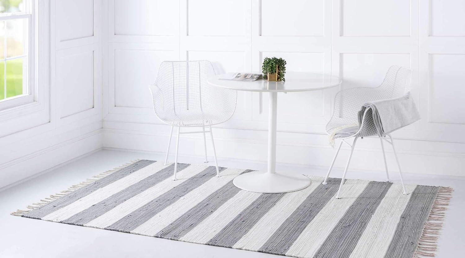 Gray and Ivory Striped Cotton Fringe Area Rug