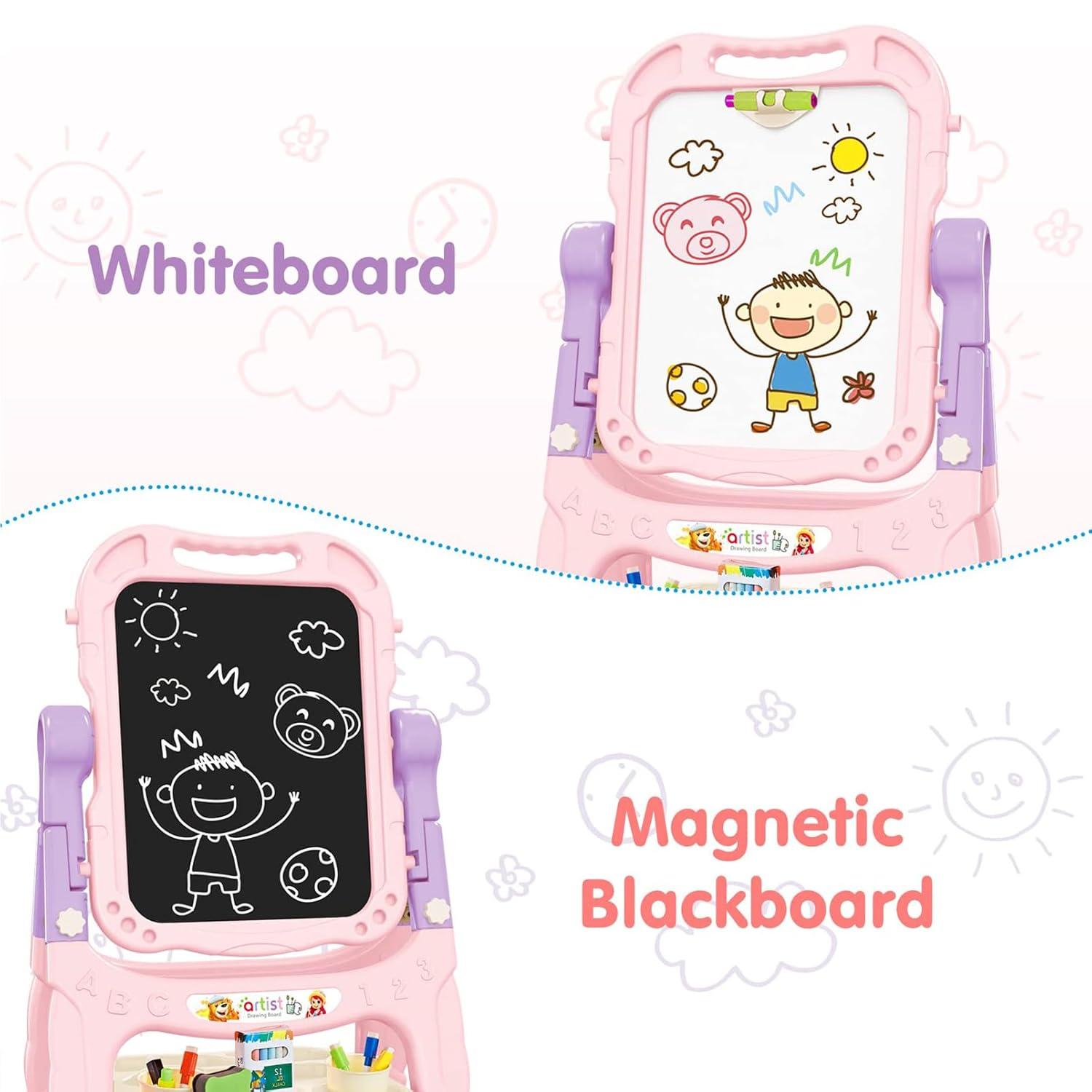 Easel for Kids, Adjustable Standing Art Easel for Toddler, Double Magnetic Drawing Board with Painting Accessories, Birthday Christmas Gift for Little Boys and Girls,  Pink