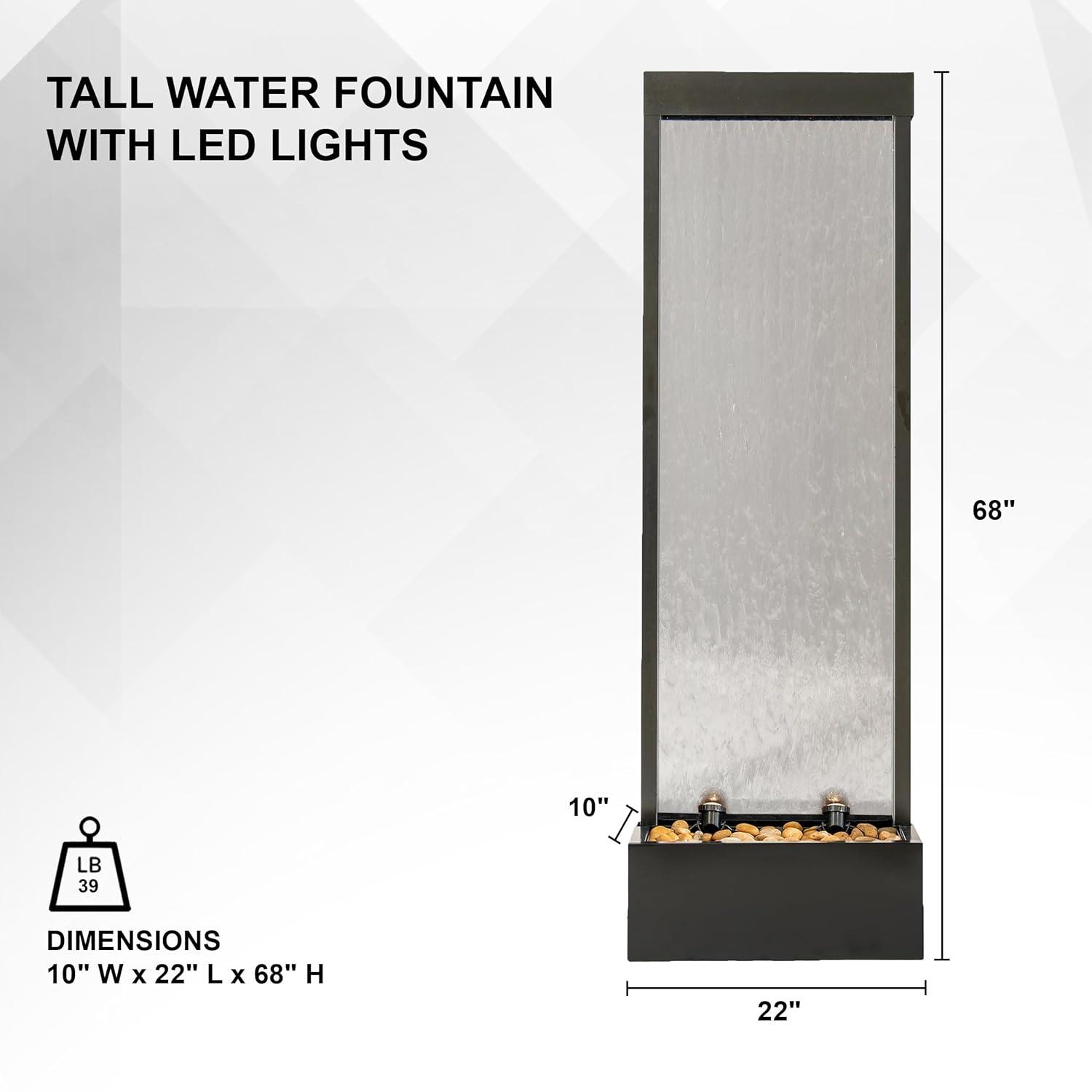 XBrand 68" H Freestanding Modern Indoor/Outdoor Waterfall Fountain w/ Decorative Rocks, LED Lights & Auto-Shut Off Pump, Aluminum/Clear Glass, Black