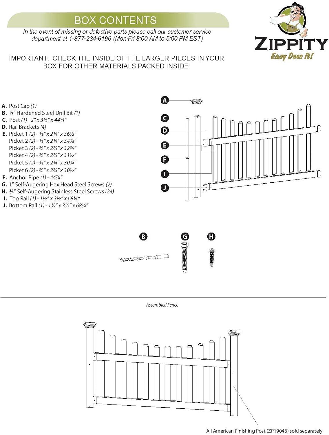 3.5ft H x 6ft W (1 Panel + 1 Post) No Dig Zippity All American Fence Kit, White Vinyl Picket Fence, Easy Install Outdoor Fence for Backyard or Patio, DIY Decorative Fencing, ZP19041