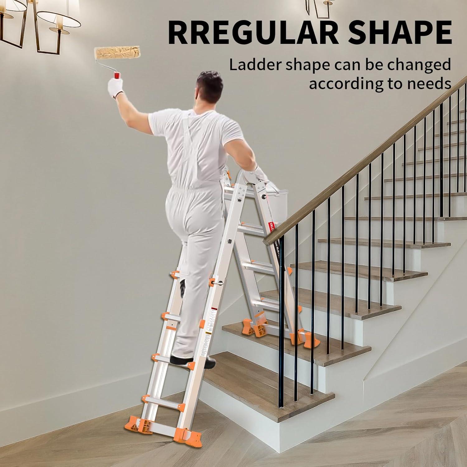 Valeo Ladder 11FT, Multi Position 3 Step Ladder Extension, Anti-Slip A Frame Folding Ladder with Removable Tool Tray, 330lbs Adjustable Telescopic Aluminum Ladders for Stairs Home Indoor Outdoor Roof