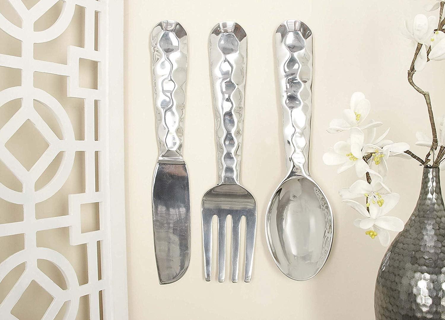 Benzara Artistic Cutlery Wall Decor In Aluminum, Set of Three, Silver
