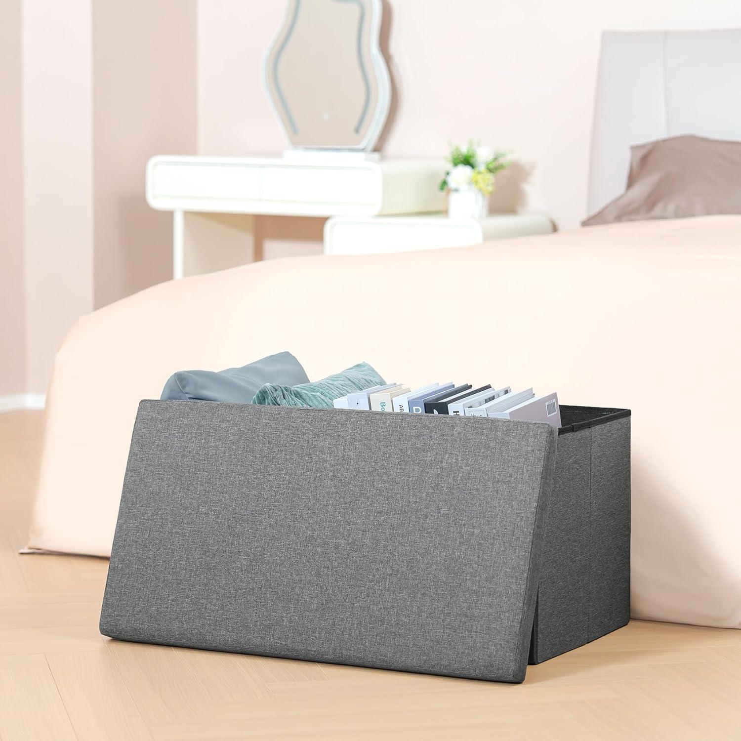 Folding Storage Ottoman Bench, Grey Storage Ottoman with Lid Tray, 30 inches Ottoman Coffee Table Cube Chair Foot Rest Stool Storage Toy Chest for Living Room Bedroom, Holds up to 550 lb