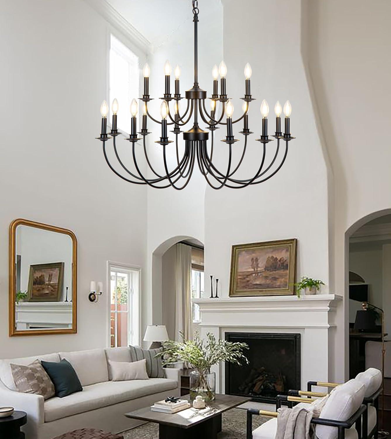 Gracie Oaks Vintage Farmhouse 18-Light 2-Tier Black Chandelier, Retro Round Pendant Light Fixture For Industrial Decor