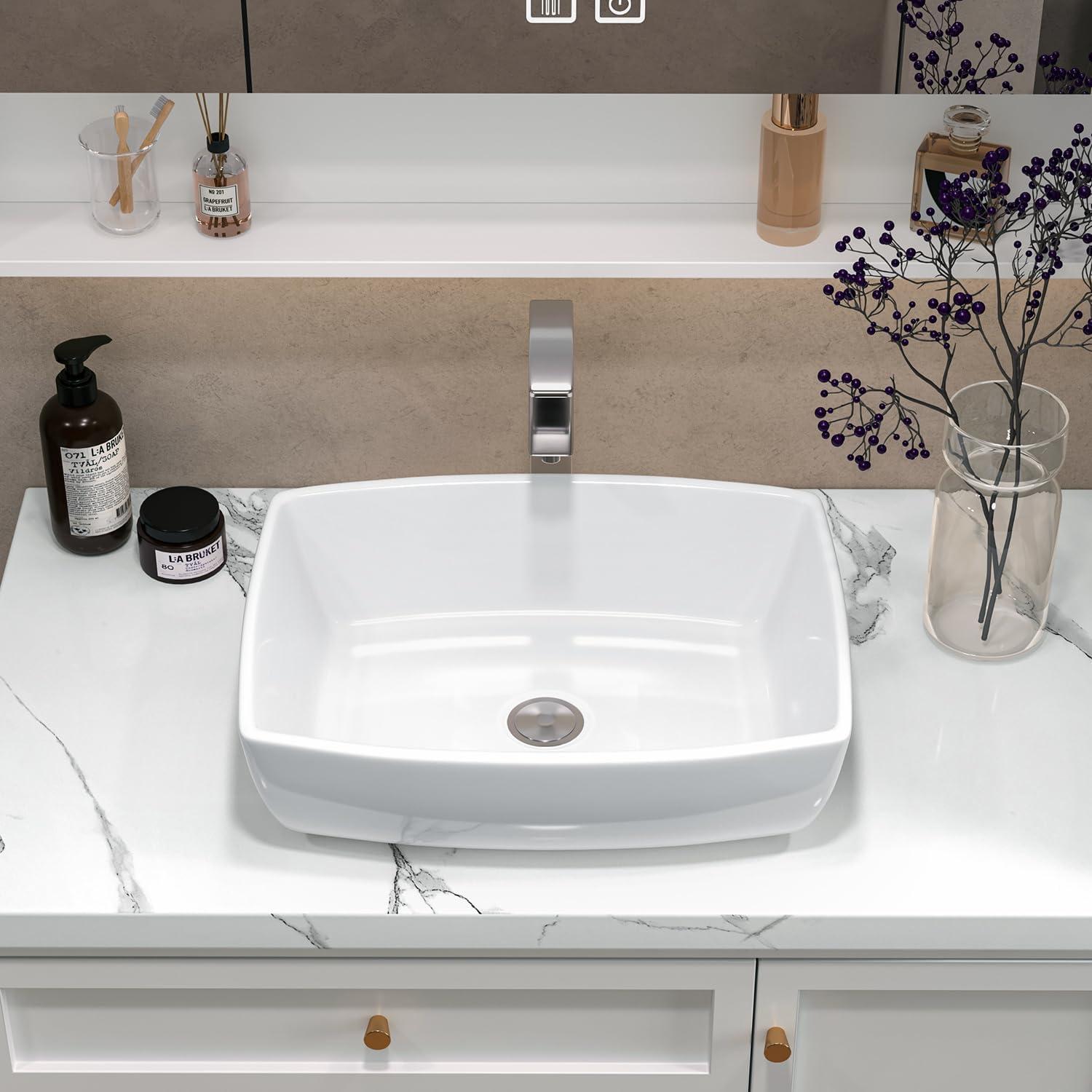 Sinber 19" x 14" x 5" White Rectangular Ceramic Countertop Bathroom Vanity Vessel Sink C4181-OK