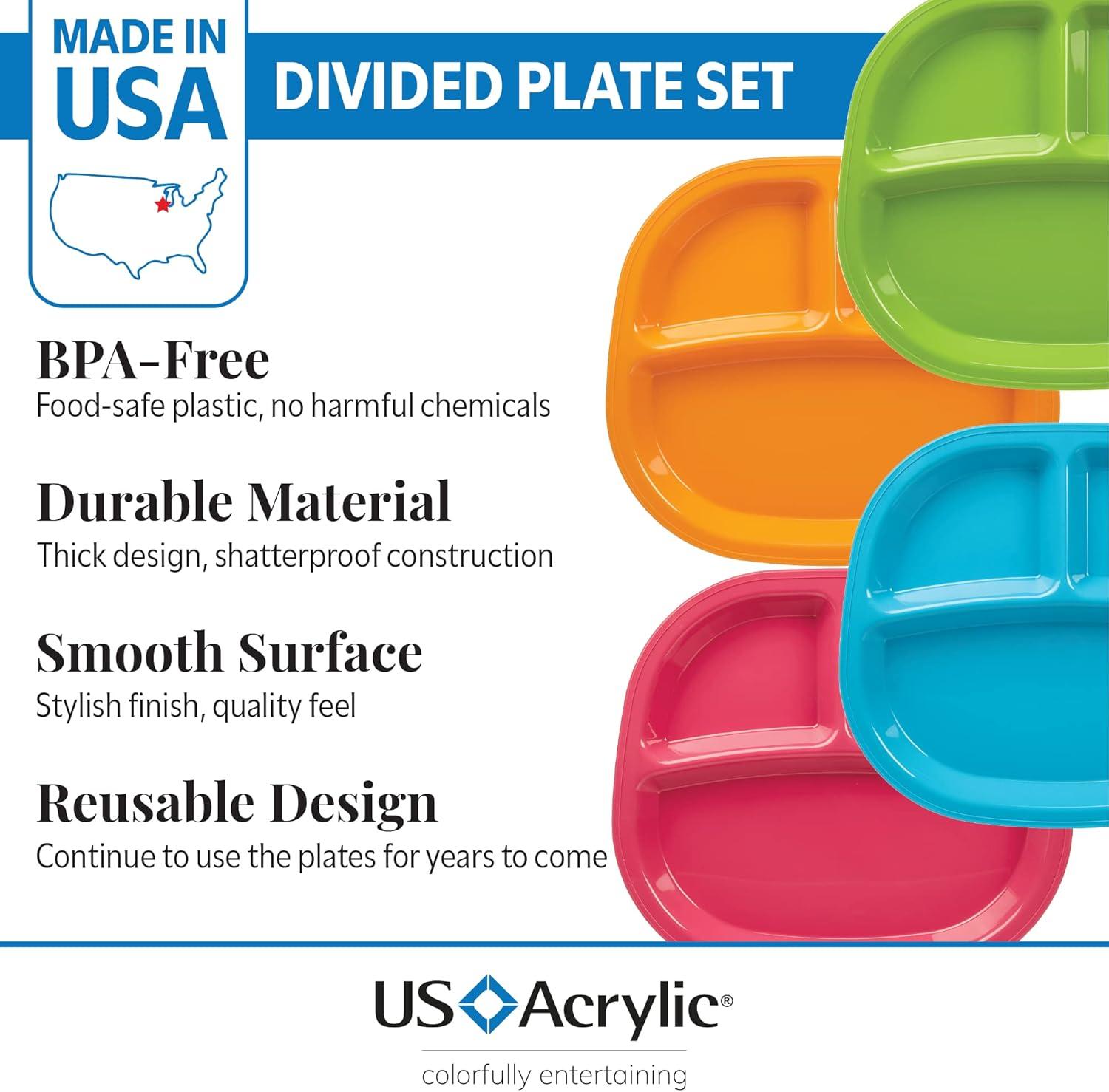 US Acrylic Harmony 3-compartment Divided Plastic Kids Tray in 4 Calypso Colors | set of 12 Reusable, BPA-free Plates, Made in the USA, Microwave & Dishwasher Safe Dinnerware
