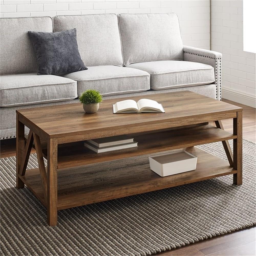 Walker Edison Modern Farmhouse A-Frame Wood Rectangle Coffee Table Living Room Ottoman Storage Shelf 48 Inch, Rustic Oak