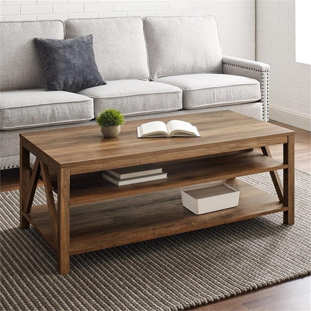 Walker Edison Modern Farmhouse A-Frame Wood Rectangle Coffee Table Living Room Ottoman Storage Shelf 48 Inch, Rustic Oak