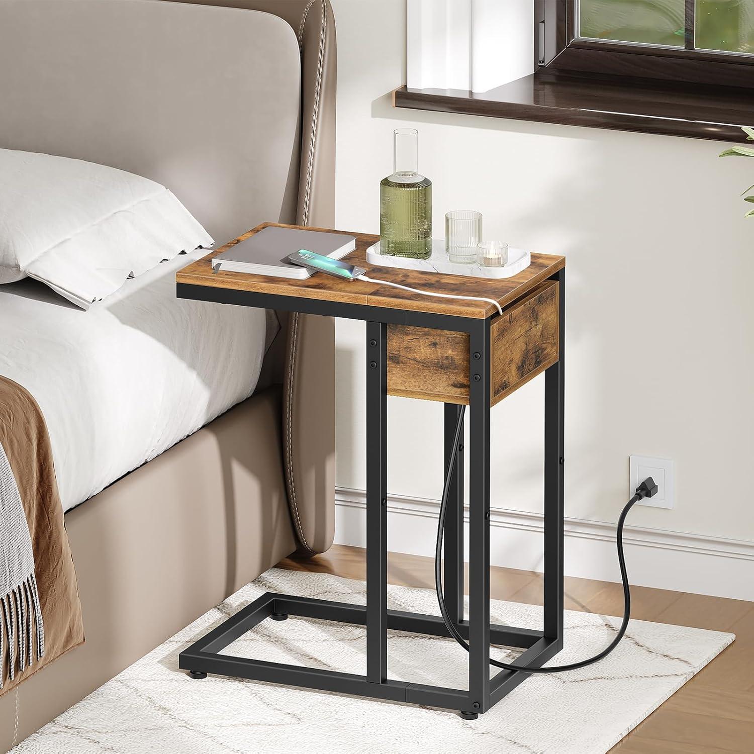 Rustic Brown C-Shaped End Table with Charging Station and Storage