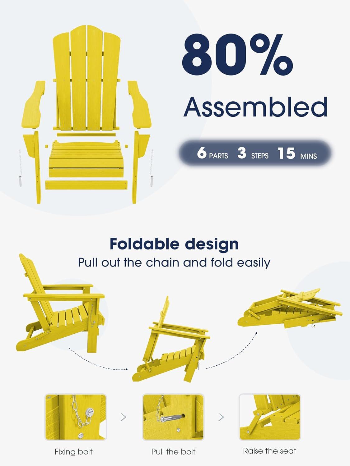 KINGYES Folding Adirondack Chair Set of 2, HDPE All-Weather Folding Adirondack Chair, Yellow