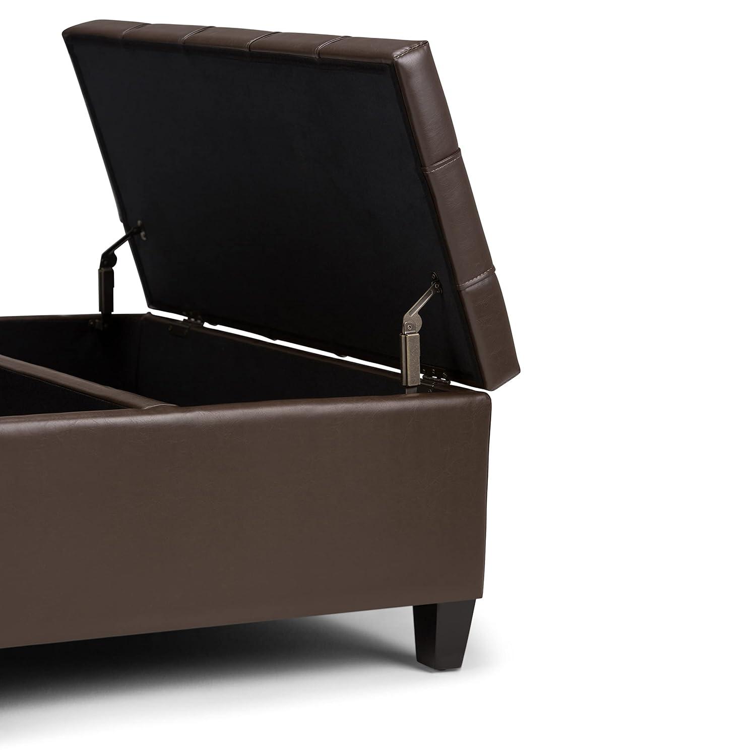 Simpli Home Harrison 36"W Upholstered Square Coffee Table Storage Ottoman with Split Lift Top
