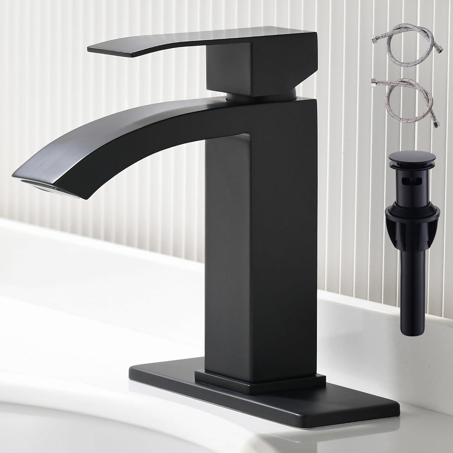 Matte Black Single Handle Waterfall Bathroom Faucet with Pop-Up Drain