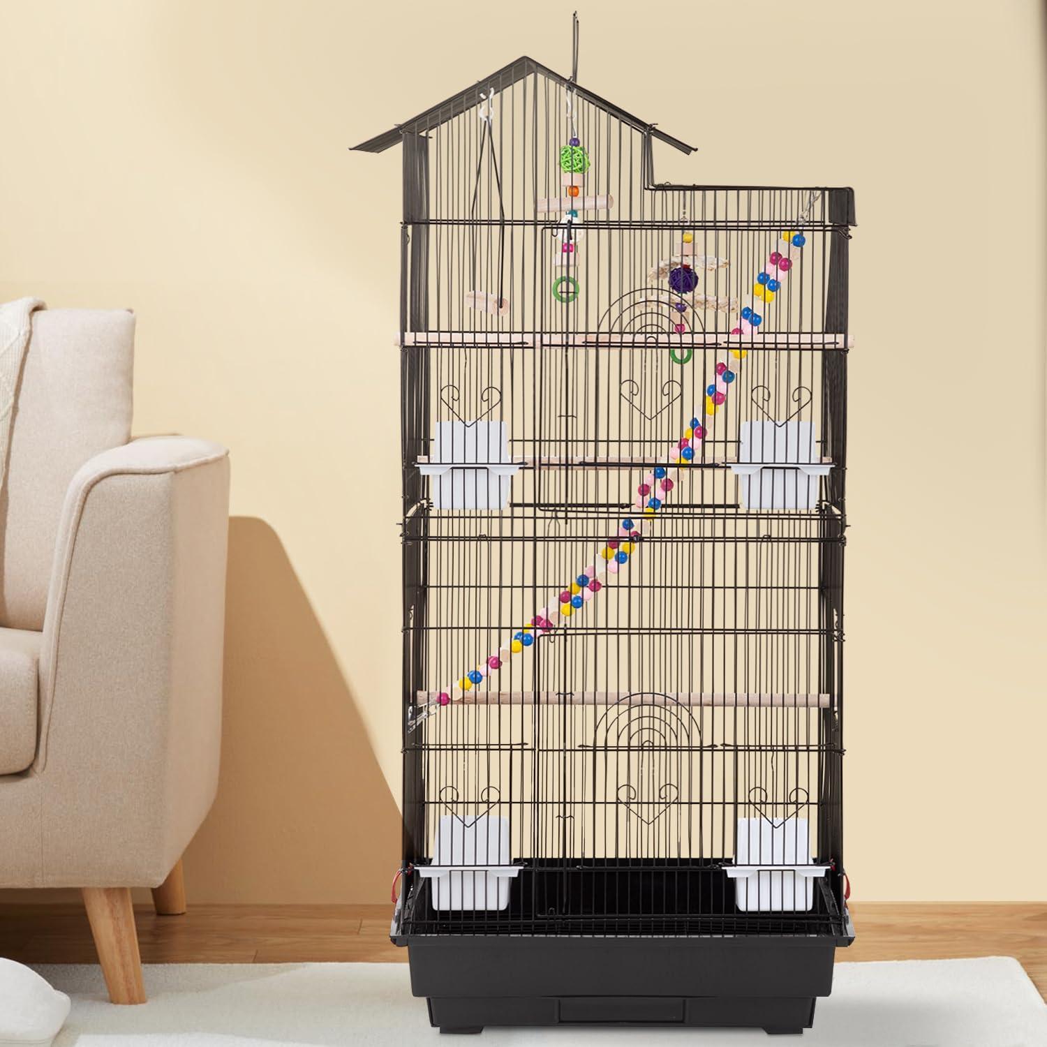 39 Inches Bird Cage Roof Top Large Flight Parrot Bird Cage with Toys for Medium Small Birds, Lovebirds, Finch, Cockatiel Parakeets, Parrot, Iron Bird Cage, Black, 17x14x39 Inch (Pack of 1)