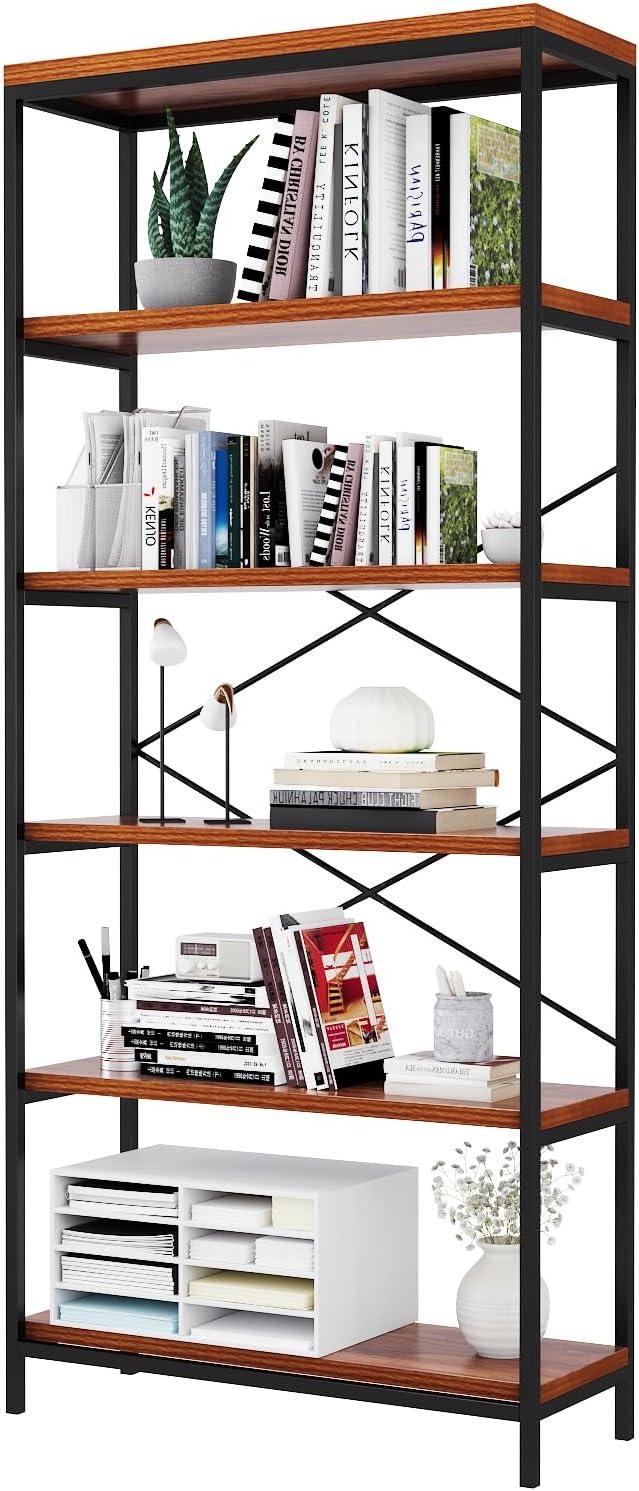 Rustic Brown 6-Tier Industrial Wood and Metal Bookshelf