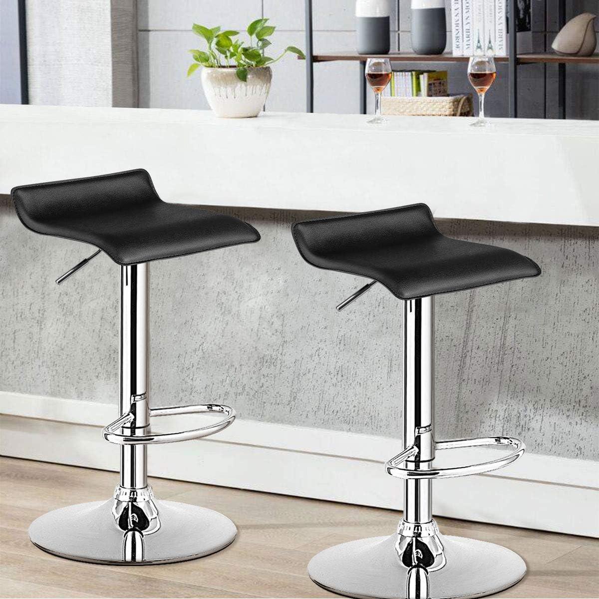 Sleek Adjustable Swivel Backless Bar Stool in Black Leather