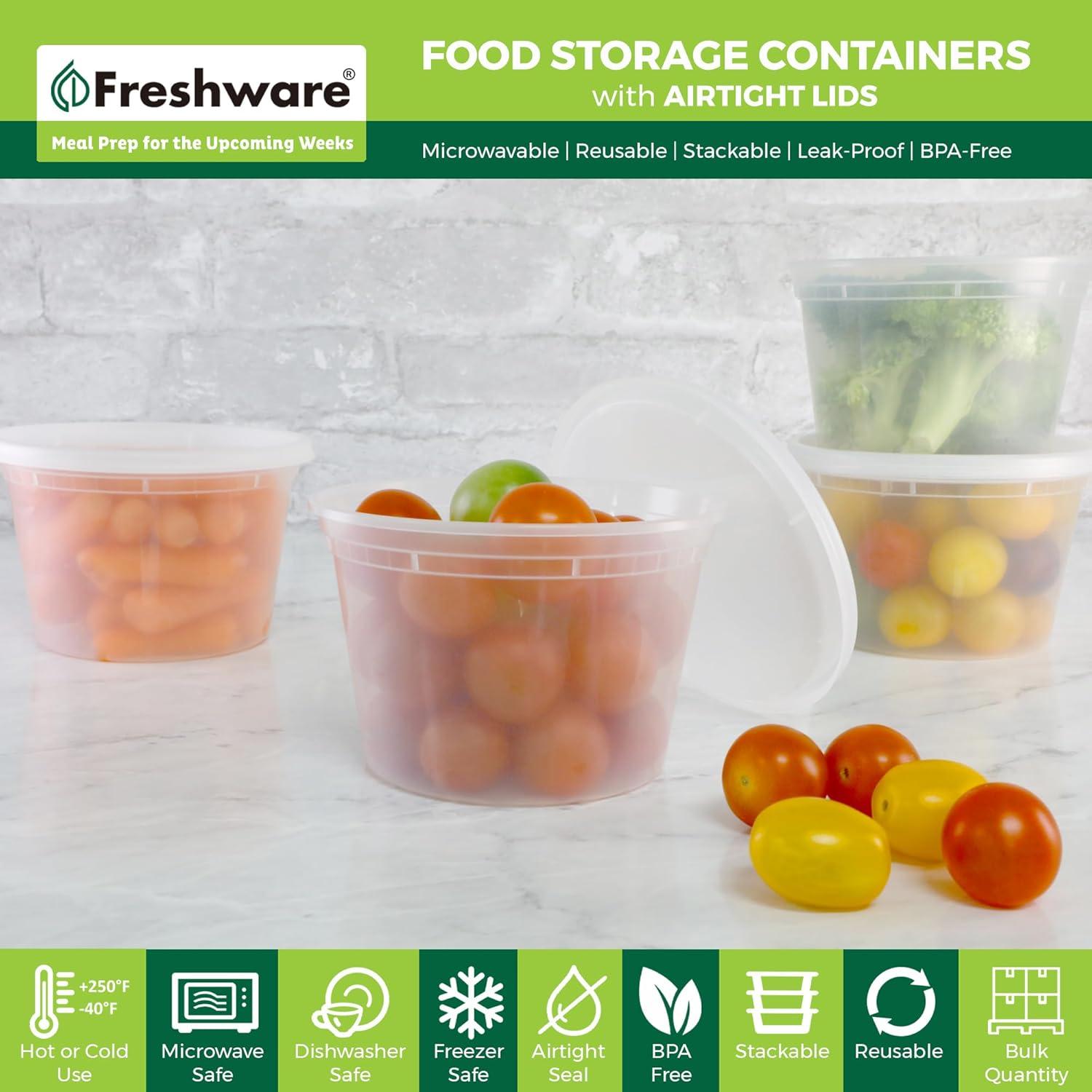 Freshware Food Storage Containers Plastic Deli Containers with Lids, Slime, Soup, Meal Prep Containers | BPA Free | Stackable | Leakproof | Microwave/Dishwasher/Freezer Safe (16 oz, 50-Set)