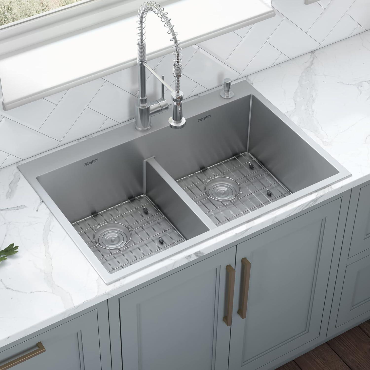 Ruvati 33 x 22 inch Drop-in 50/50Bowl Rounded Corners Topmount Stainless Steel Kitchen Sink