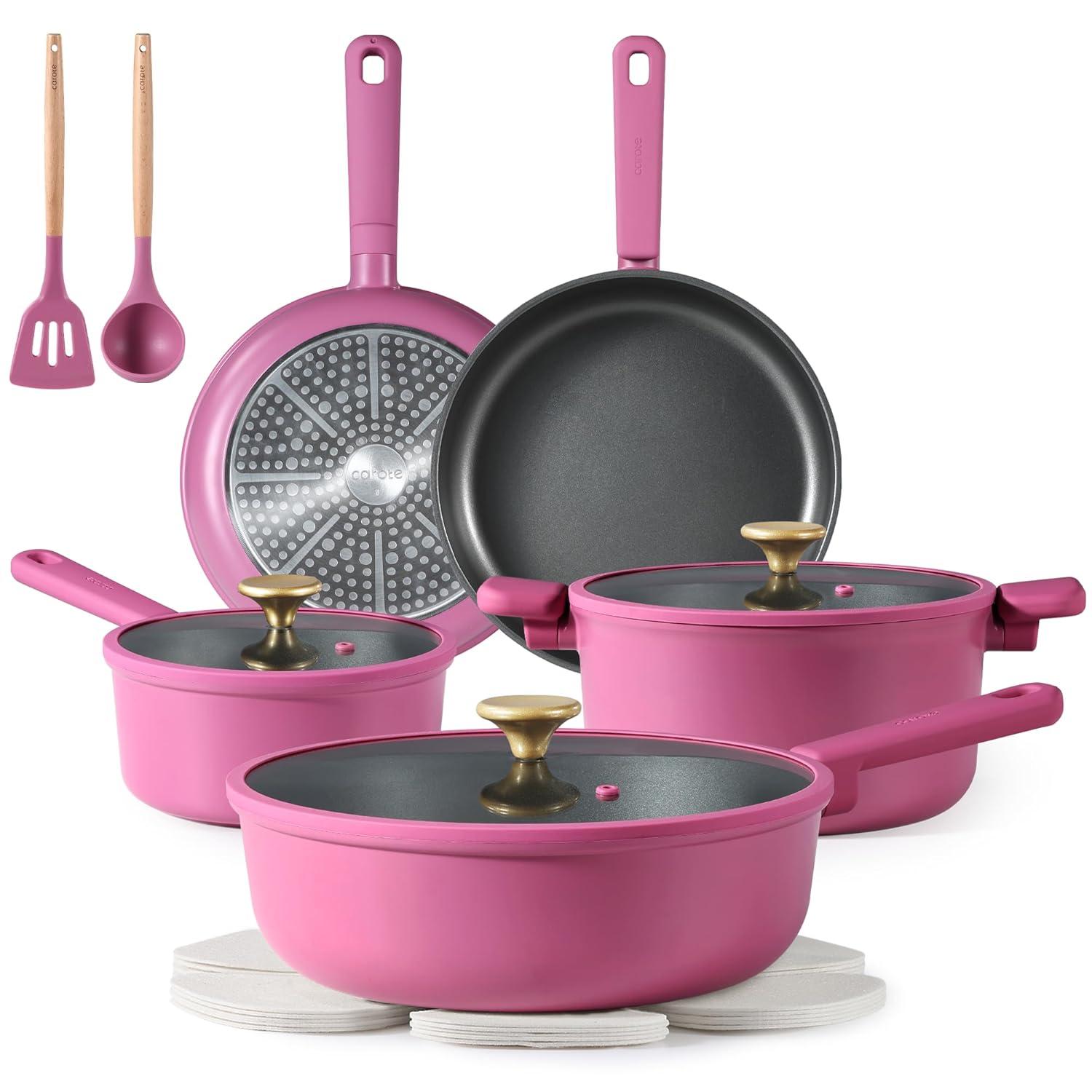 CAROTE 16pcs Nonstick Cookware set, Pots and Pans, Premium Induction Cookware, Durable & Easy to Clean, Large Frying Pan, Rose Pink