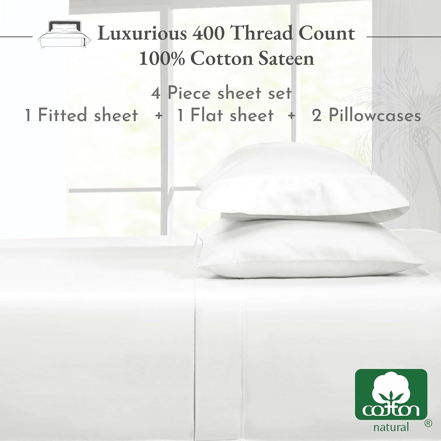 Cotton Sheets Set - Softest 400 Thread Count Bed Sheets, 100% Cotton Sateen, Cooling, Deep Pocket by California Design Den