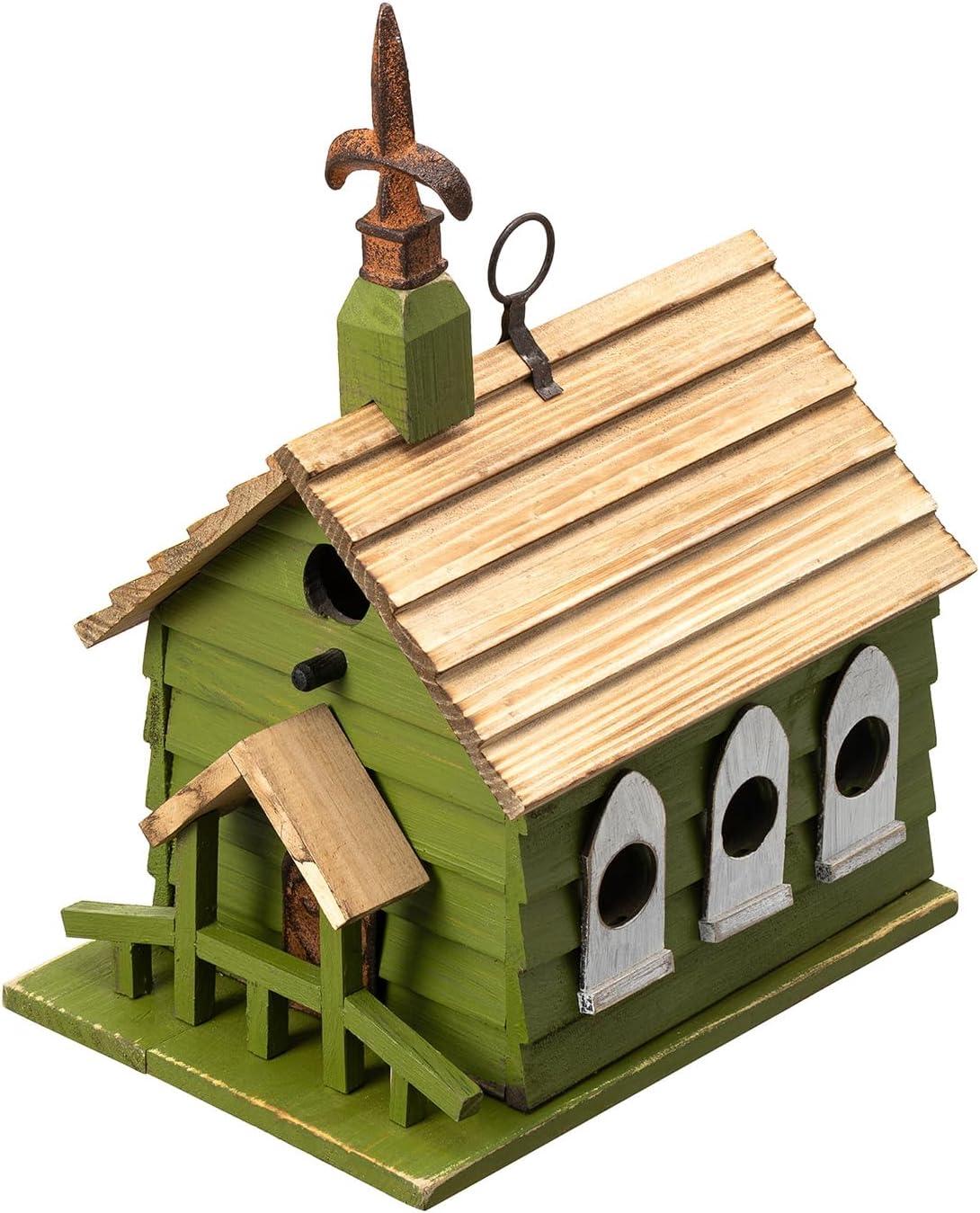 Green Hand Painted Wood Birdhouse with Distressed Details