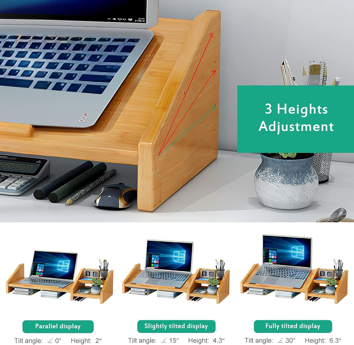 Adjustable Bamboo Laptop and Monitor Stand with Storage Shelves